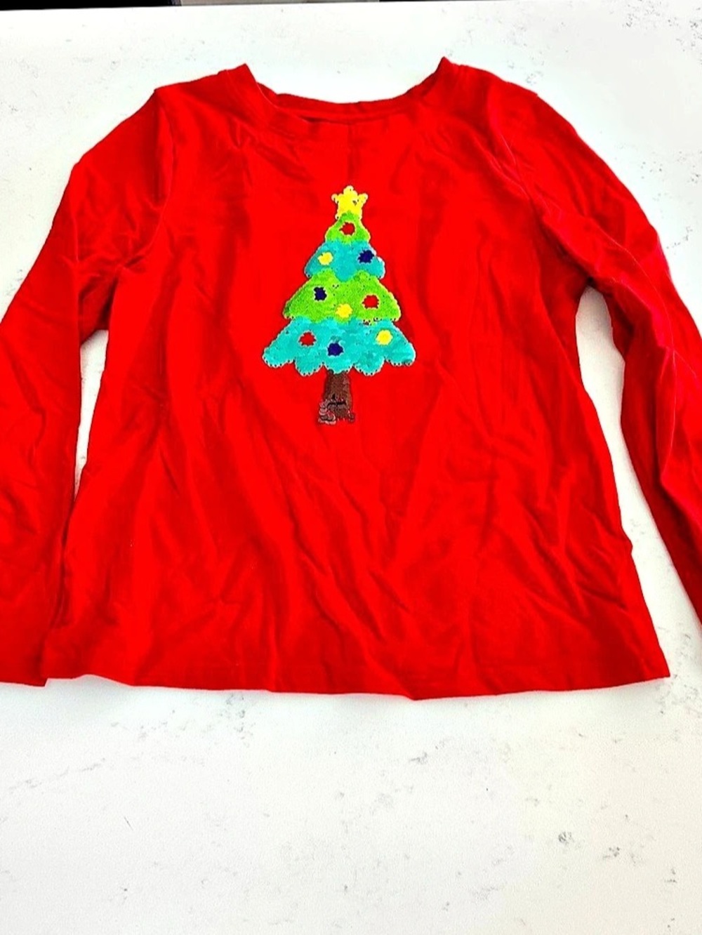 Cat & Jack Girls Red Christmas Tree Sequin Long Sleeve T-Shirt Medium